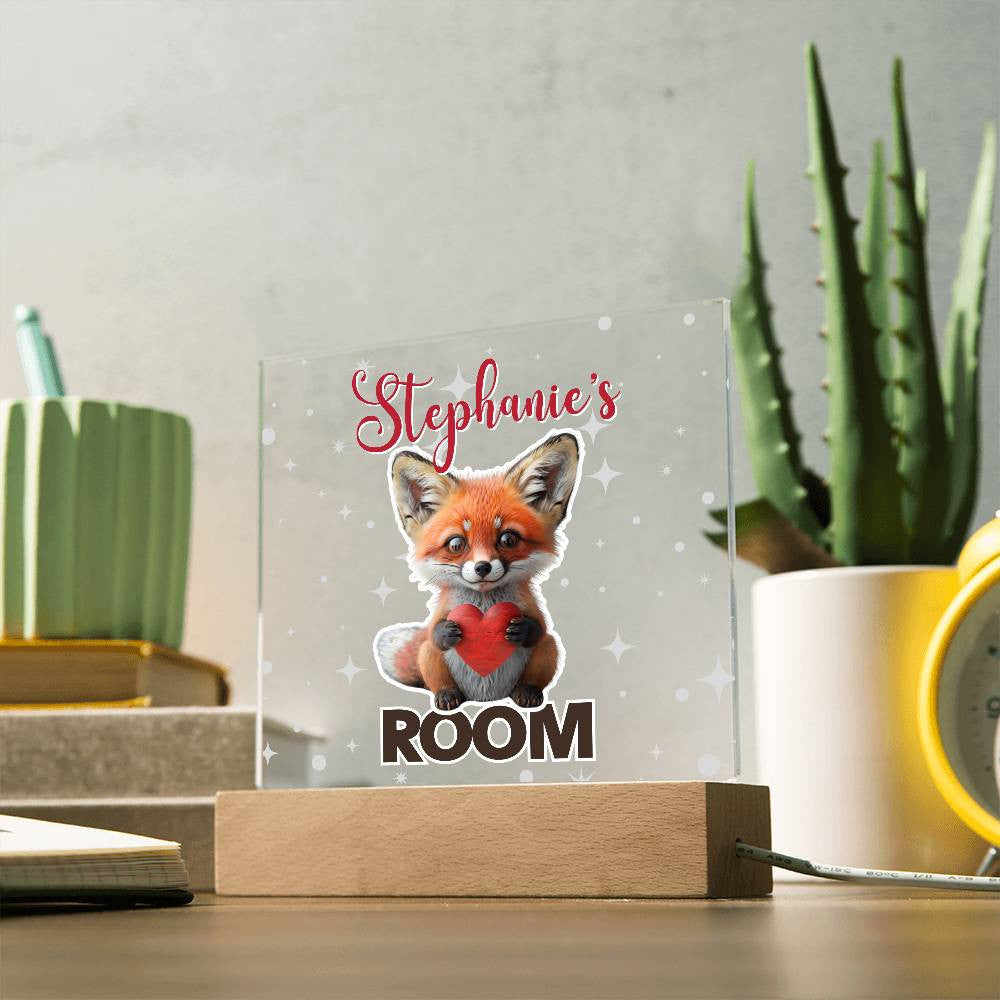 Custom Name Acrylic Room Sign with Light-Up Base. Raccoon, Fox, Teddy bear, Capybara or Opossum. Dorm or kid's room!