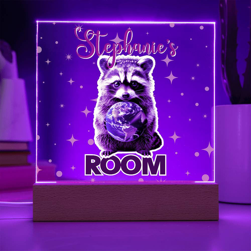 Custom Name Acrylic Room Sign with Light-Up Base. Raccoon, Fox, Teddy bear, Capybara or Opossum. Dorm or kid's room!
