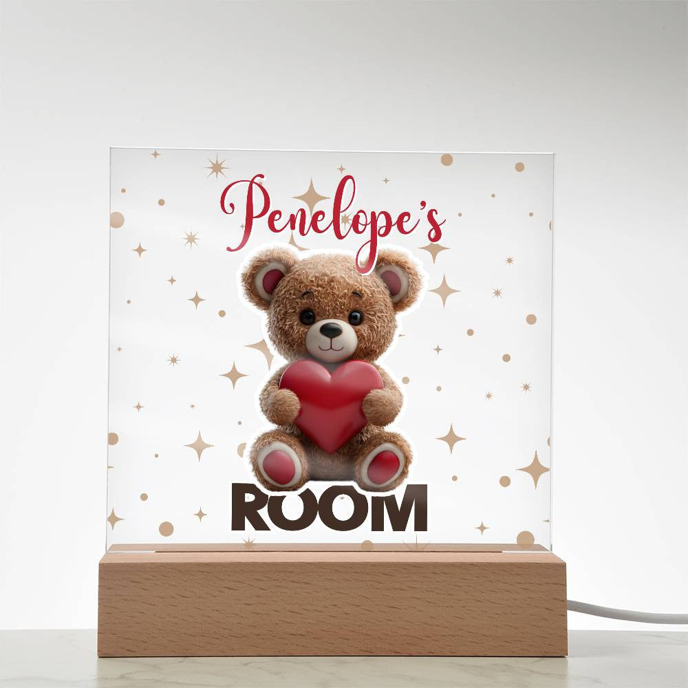 Custom Name Acrylic Room Sign with Light-Up Base. Raccoon, Fox, Teddy bear, Capybara or Opossum. Dorm or kid's room!