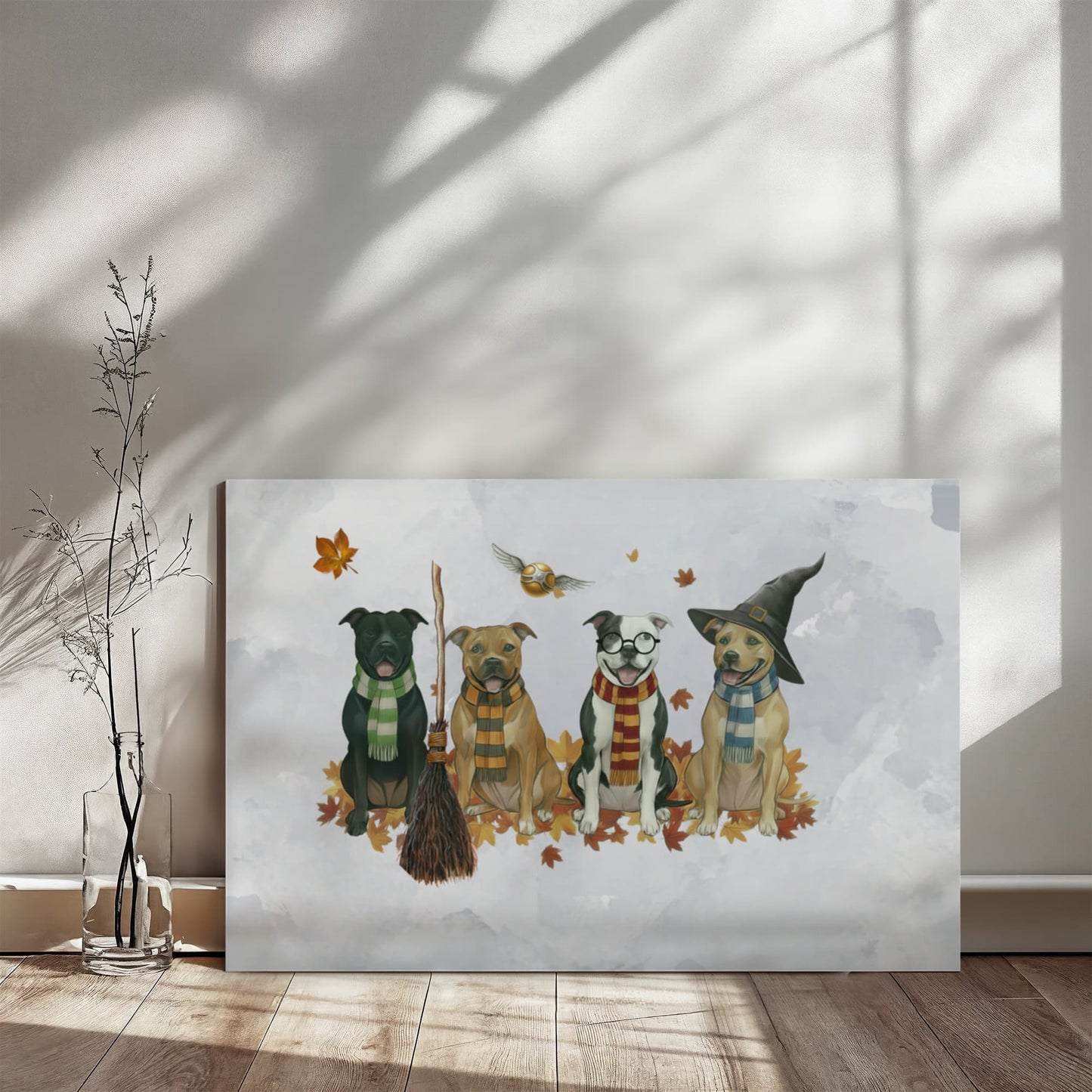 Pit Bull Wizards of Hogwarts Wall Art. Gryffindor, Slytherin, Hufflepuff, Ravenclaw pitbulls. Dog lover gift for Potter fans. Staffy dogs