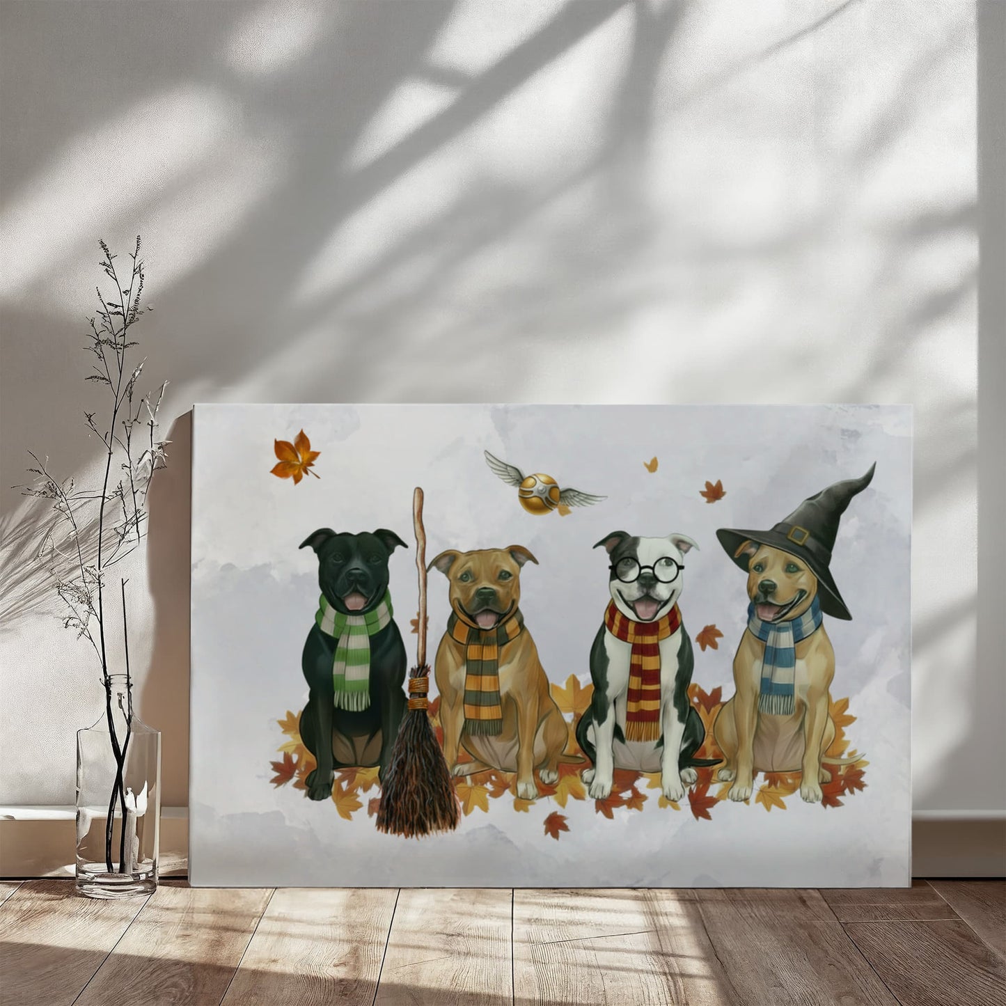 Pit Bull Wizards of Hogwarts Wall Art. Gryffindor, Slytherin, Hufflepuff, Ravenclaw pitbulls. Dog lover gift for Potter fans. Staffy dogs