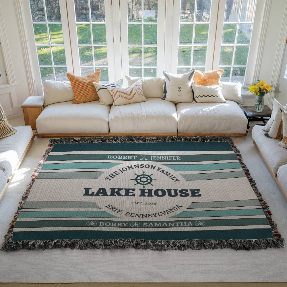 Personalized Lake House Blanket lake house decor • Family Name + up to 6 kids/grandkids Names • City or Lake Name & state • Cozy Cabin Throw