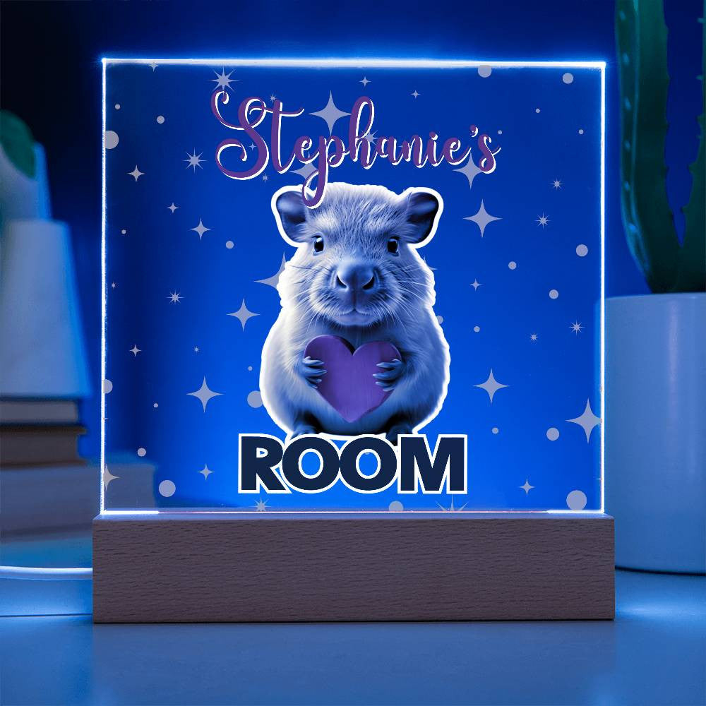 Custom Name Acrylic Room Sign with Light-Up Base. Raccoon, Fox, Teddy bear, Capybara or Opossum. Dorm or kid's room!