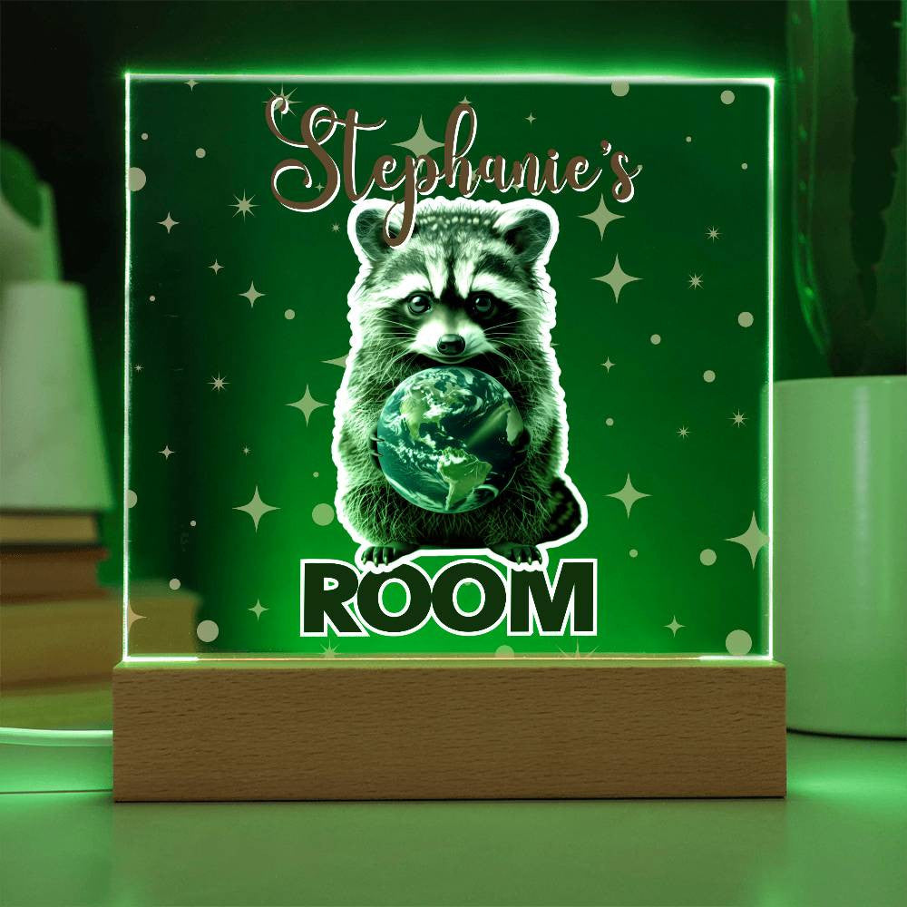 Custom Name Acrylic Room Sign with Light-Up Base. Raccoon, Fox, Teddy bear, Capybara or Opossum. Dorm or kid's room!