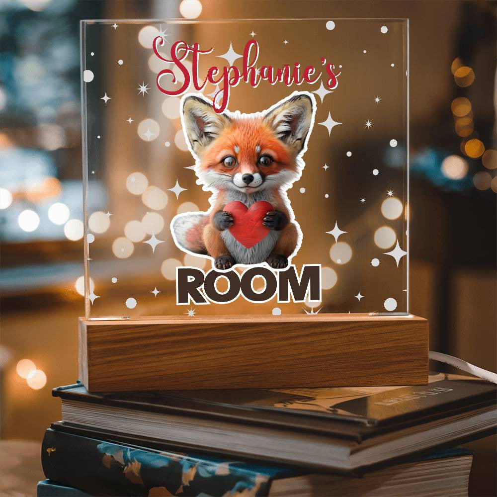 Custom Name Acrylic Room Sign with Light-Up Base. Raccoon, Fox, Teddy bear, Capybara or Opossum. Dorm or kid's room!