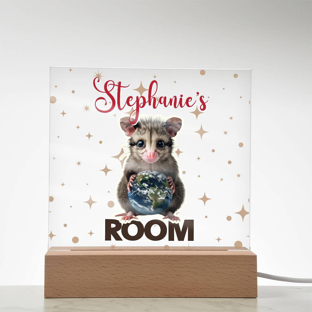 Custom Name Acrylic Room Sign with Light-Up Base. Raccoon, Fox, Teddy bear, Capybara or Opossum. Dorm or kid's room!
