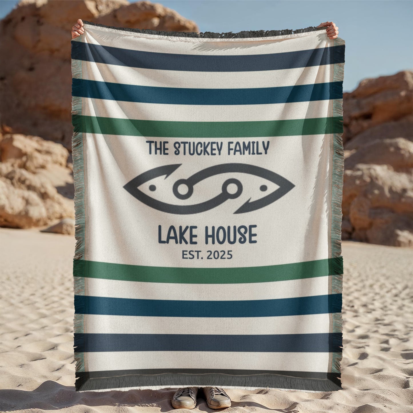Personalized Lake House Decor, Custom Family Name Blanket, lake house sign tapestry, fishing, sailing woven throw, Housewarming Keepsake