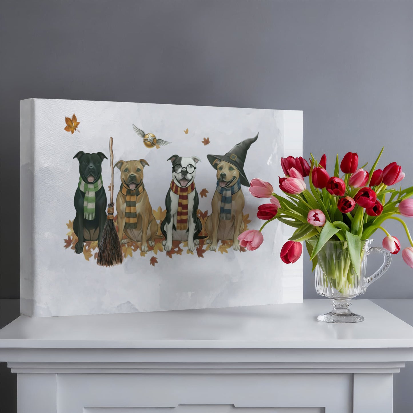 Pit Bull Wizards of Hogwarts Wall Art. Gryffindor, Slytherin, Hufflepuff, Ravenclaw pitbulls. Dog lover gift for Potter fans. Staffy dogs