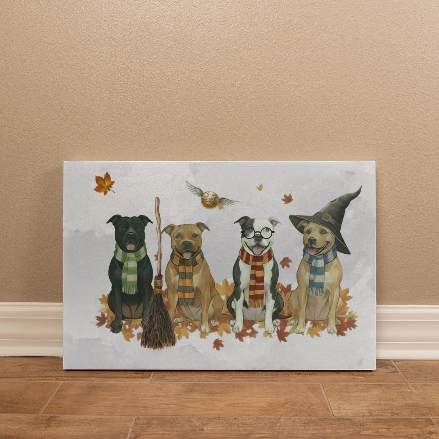 Pit Bull Wizards of Hogwarts Wall Art. Gryffindor, Slytherin, Hufflepuff, Ravenclaw pitbulls. Dog lover gift for Potter fans. Staffy dogs