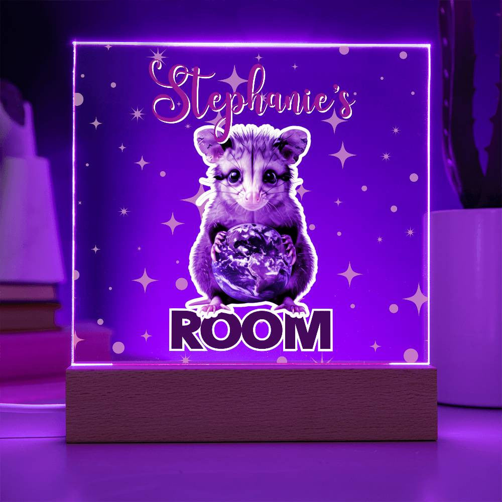 Custom Name Acrylic Room Sign with Light-Up Base. Raccoon, Fox, Teddy bear, Capybara or Opossum. Dorm or kid's room!