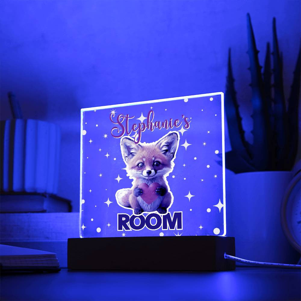 Custom Name Acrylic Room Sign with Light-Up Base. Raccoon, Fox, Teddy bear, Capybara or Opossum. Dorm or kid's room!