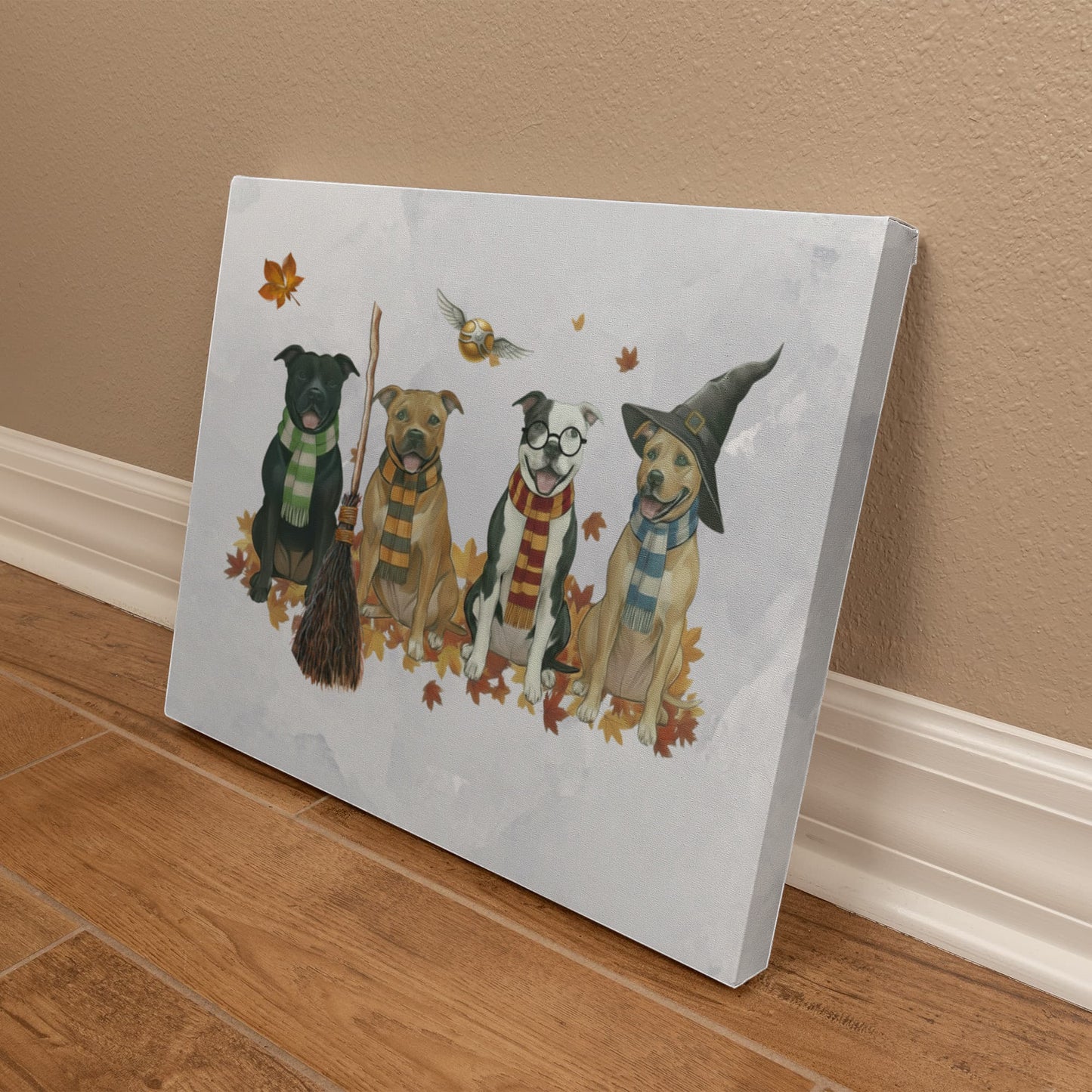 Pit Bull Wizards of Hogwarts Wall Art. Gryffindor, Slytherin, Hufflepuff, Ravenclaw pitbulls. Dog lover gift for Potter fans. Staffy dogs
