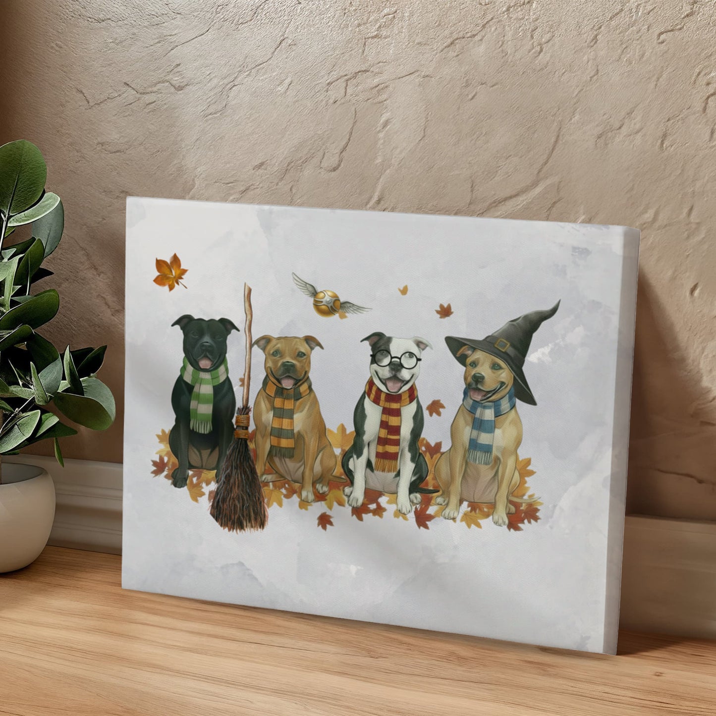 Pit Bull Wizards of Hogwarts Wall Art. Gryffindor, Slytherin, Hufflepuff, Ravenclaw pitbulls. Dog lover gift for Potter fans. Staffy dogs