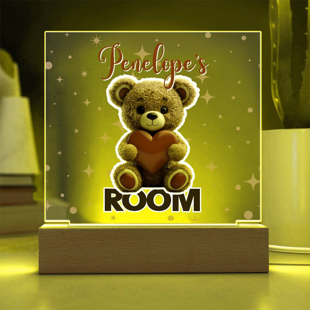 Custom Name Acrylic Room Sign with Light-Up Base. Raccoon, Fox, Teddy bear, Capybara or Opossum. Dorm or kid's room!