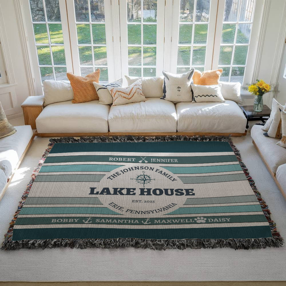 Personalized Lake House Blanket lake house decor • Family Name + up to 6 kids/grandkids Names • City or Lake Name & state • Cozy Cabin Throw
