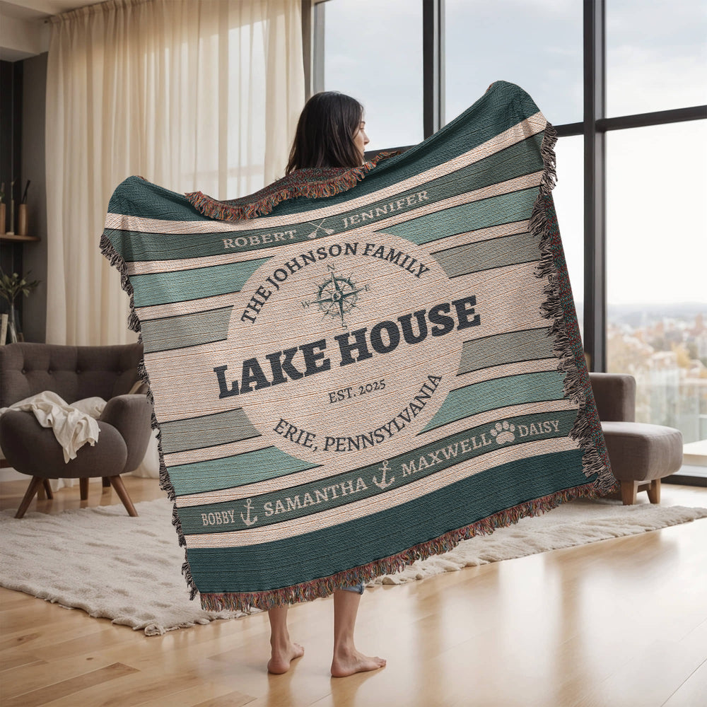 Personalized Lake House Blanket lake house decor • Family Name + up to 6 kids/grandkids Names • City or Lake Name & state • Cozy Cabin Throw