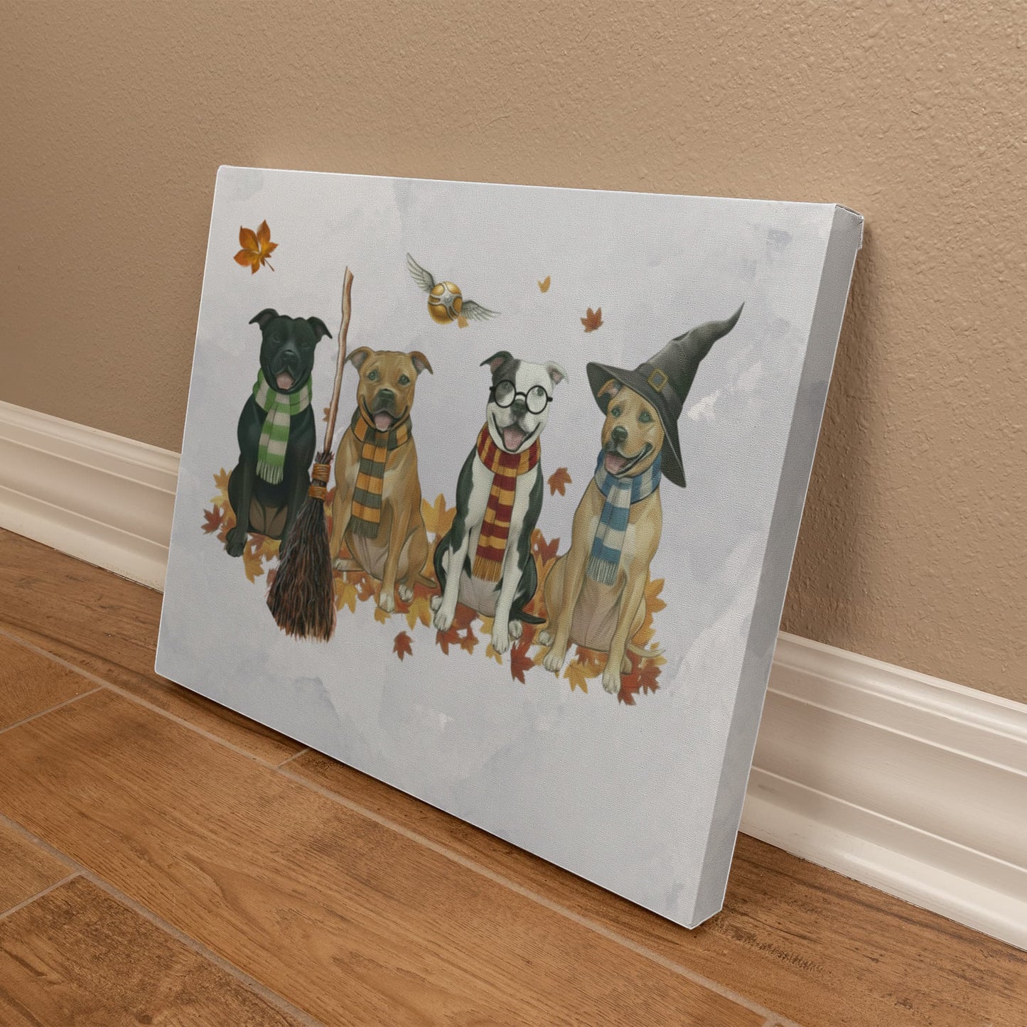 Pit Bull Wizards of Hogwarts Wall Art. Gryffindor, Slytherin, Hufflepuff, Ravenclaw pitbulls. Dog lover gift for Potter fans. Staffy dogs