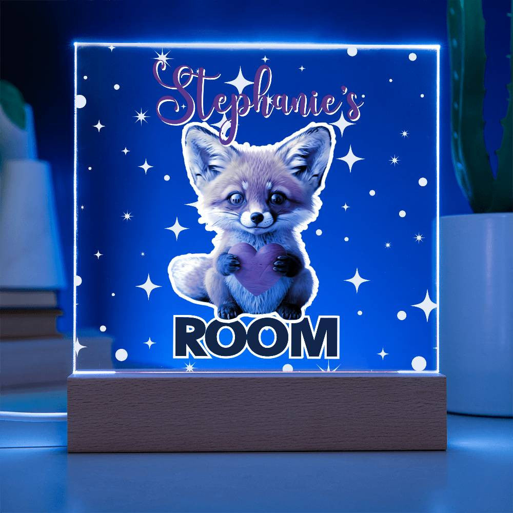 Custom Name Acrylic Room Sign with Light-Up Base. Raccoon, Fox, Teddy bear, Capybara or Opossum. Dorm or kid's room!