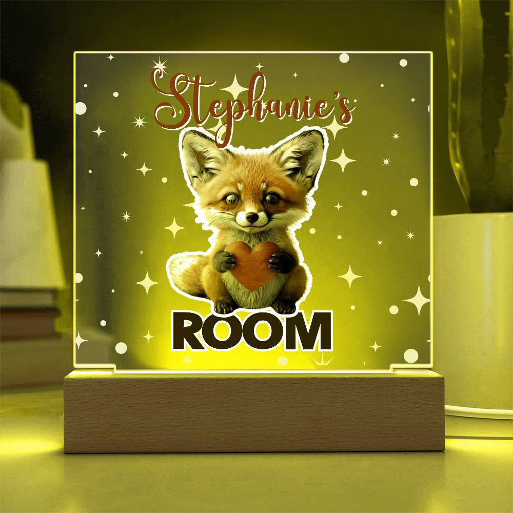 Custom Name Acrylic Room Sign with Light-Up Base. Raccoon, Fox, Teddy bear, Capybara or Opossum. Dorm or kid's room!
