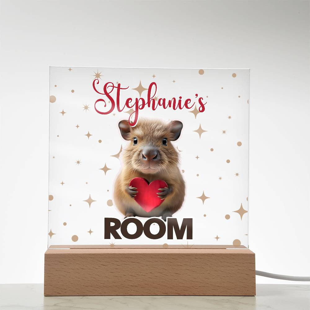 Custom Name Acrylic Room Sign with Light-Up Base. Raccoon, Fox, Teddy bear, Capybara or Opossum. Dorm or kid's room!