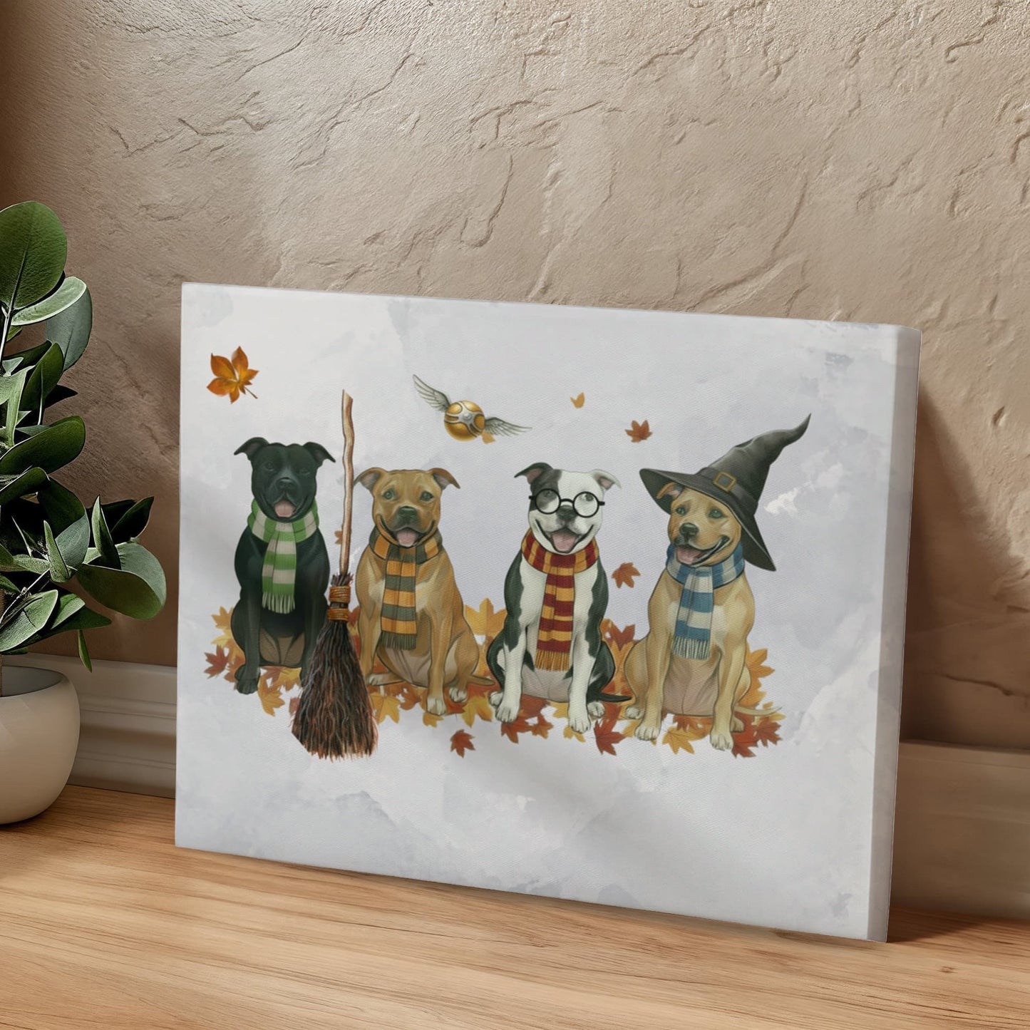 Pit Bull Wizards of Hogwarts Wall Art. Gryffindor, Slytherin, Hufflepuff, Ravenclaw pitbulls. Dog lover gift for Potter fans. Staffy dogs