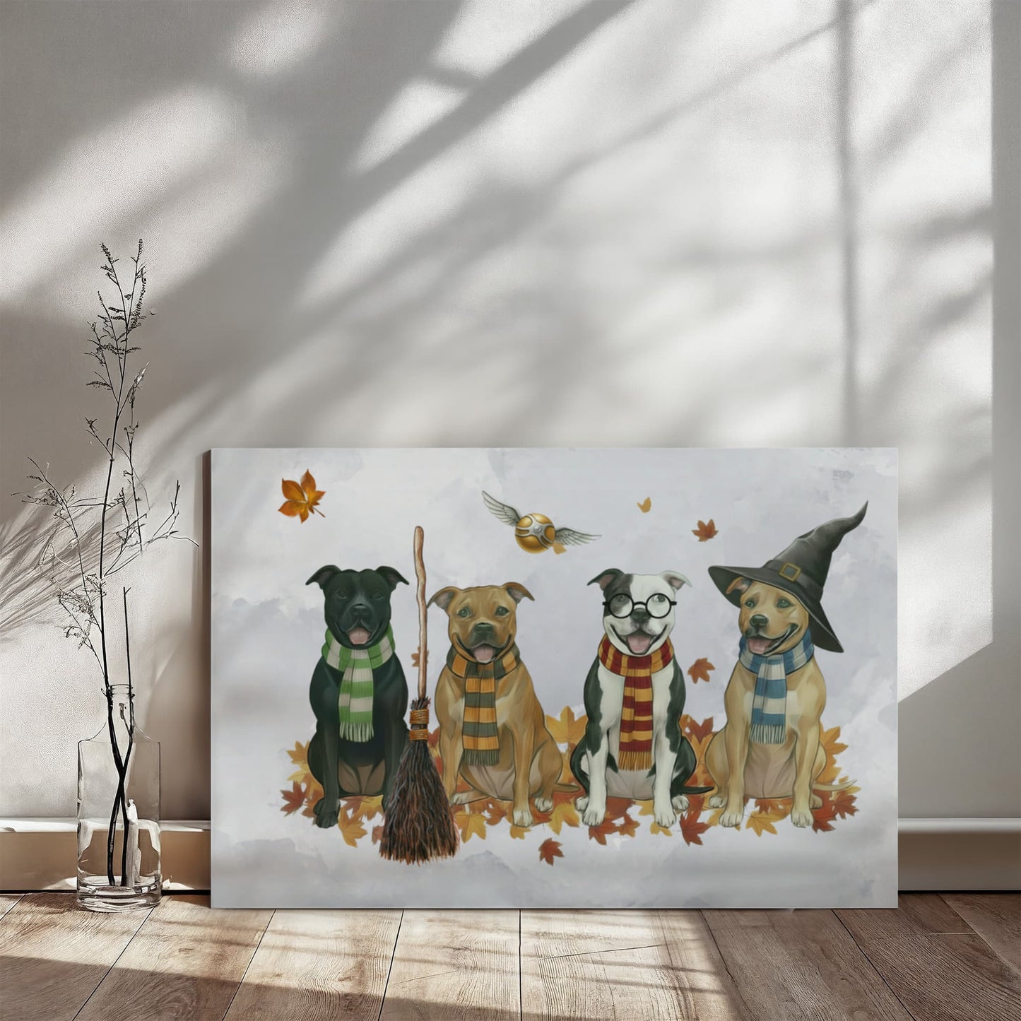 Pit Bull Wizards of Hogwarts Wall Art. Gryffindor, Slytherin, Hufflepuff, Ravenclaw pitbulls. Dog lover gift for Potter fans. Staffy dogs