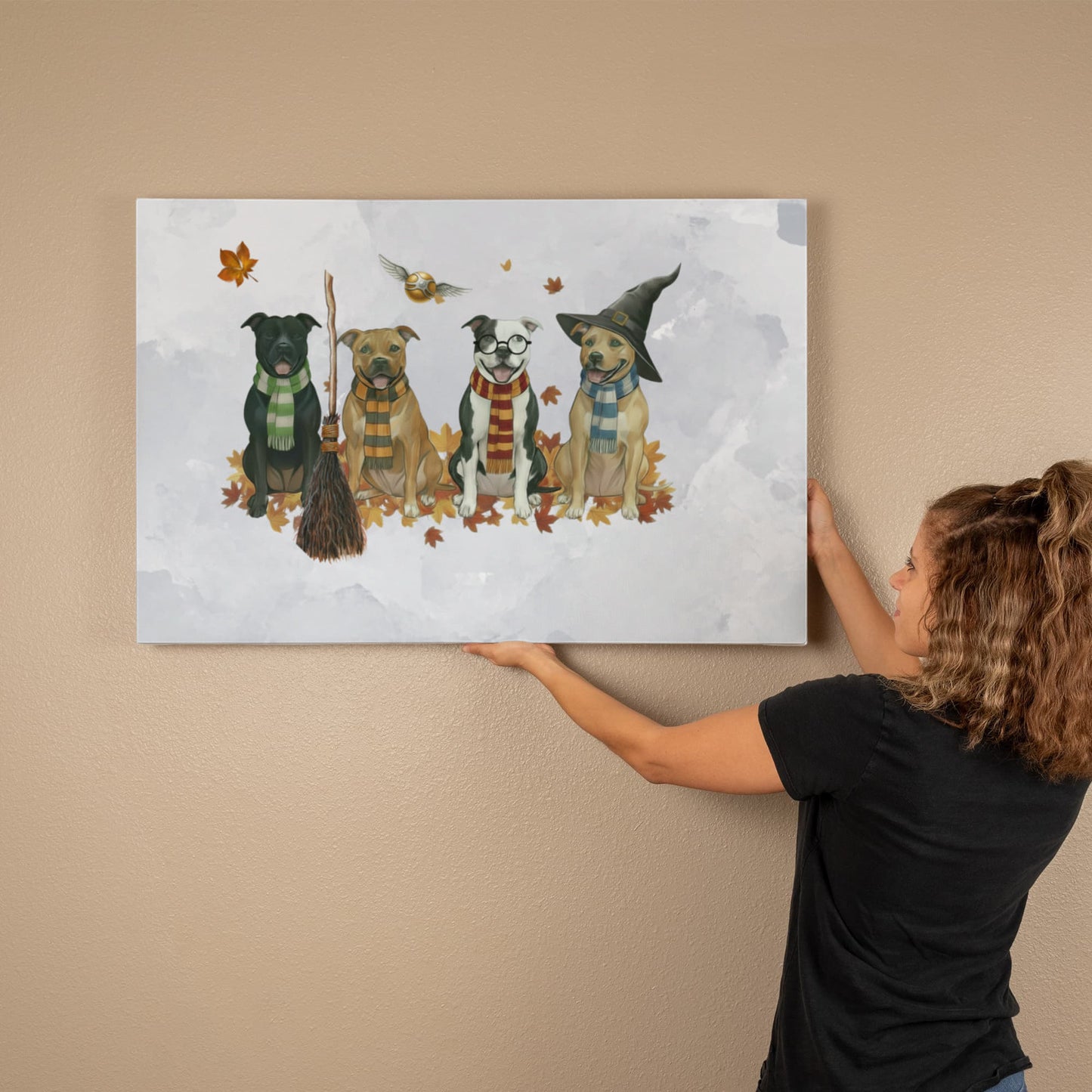 Pit Bull Wizards of Hogwarts Wall Art. Gryffindor, Slytherin, Hufflepuff, Ravenclaw pitbulls. Dog lover gift for Potter fans. Staffy dogs