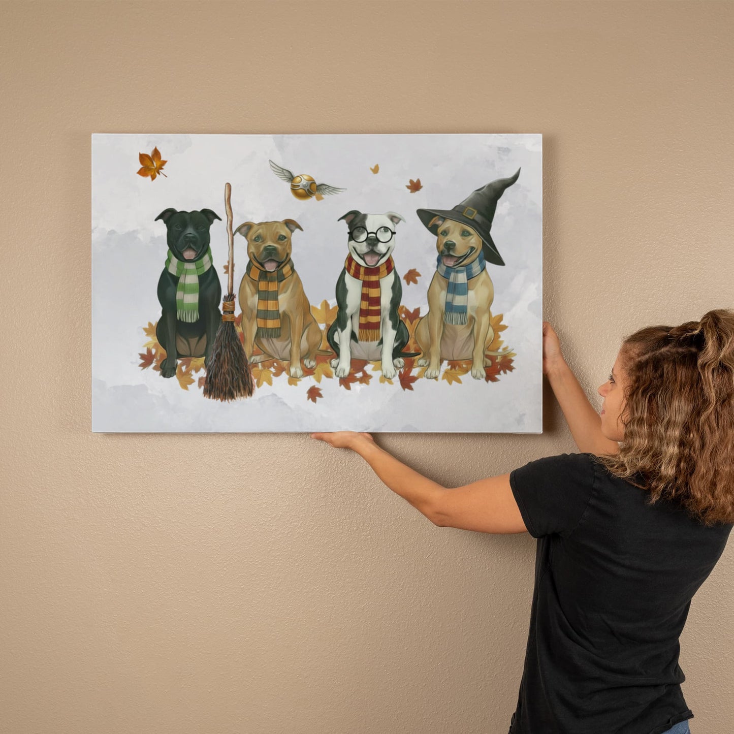 Pit Bull Wizards of Hogwarts Wall Art. Gryffindor, Slytherin, Hufflepuff, Ravenclaw pitbulls. Dog lover gift for Potter fans. Staffy dogs