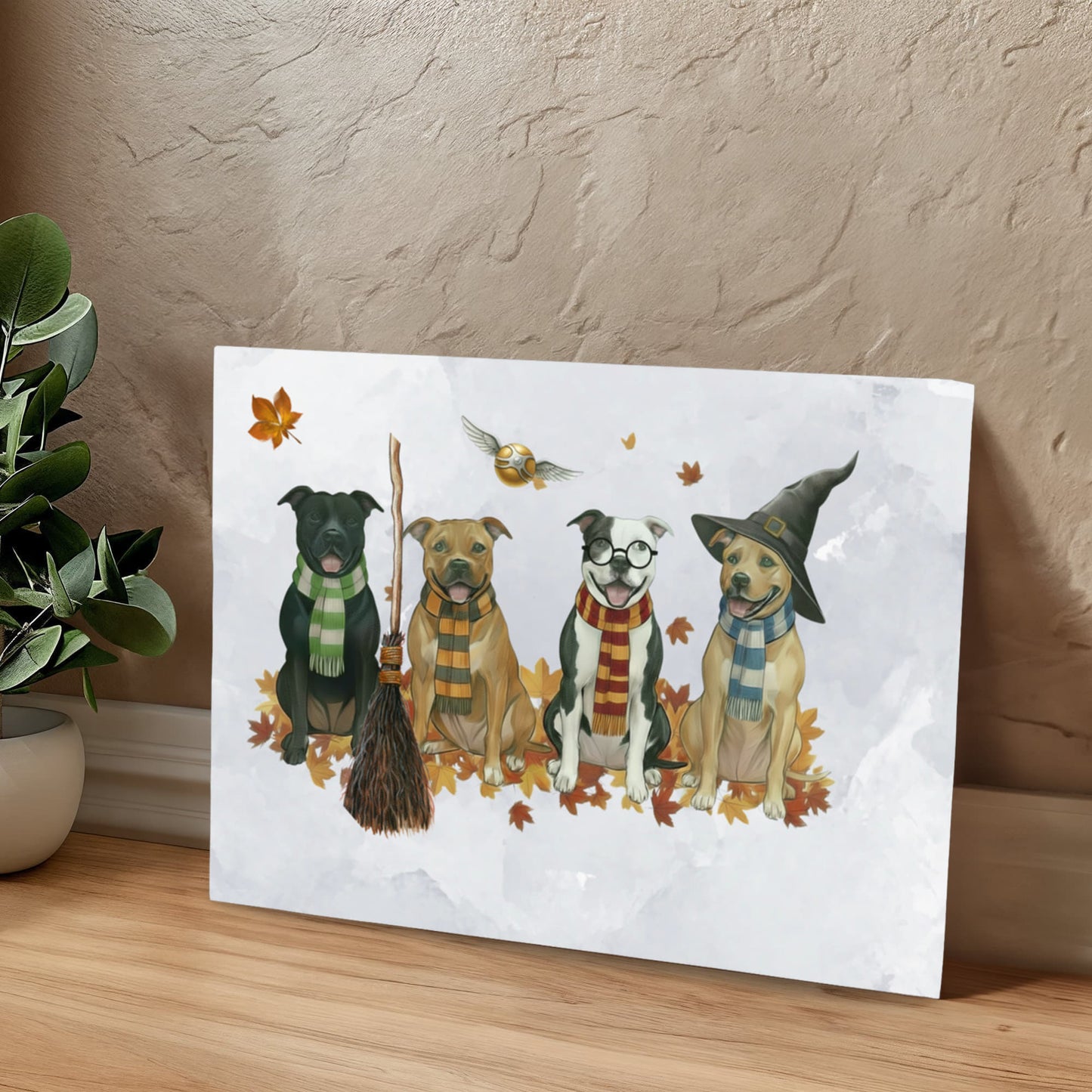 Pit Bull Wizards of Hogwarts Wall Art. Gryffindor, Slytherin, Hufflepuff, Ravenclaw pitbulls. Dog lover gift for Potter fans. Staffy dogs