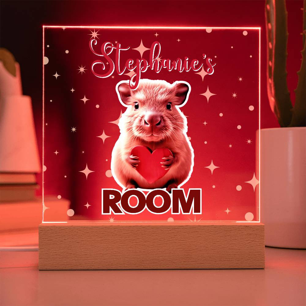 Custom Name Acrylic Room Sign with Light-Up Base. Raccoon, Fox, Teddy bear, Capybara or Opossum. Dorm or kid's room!
