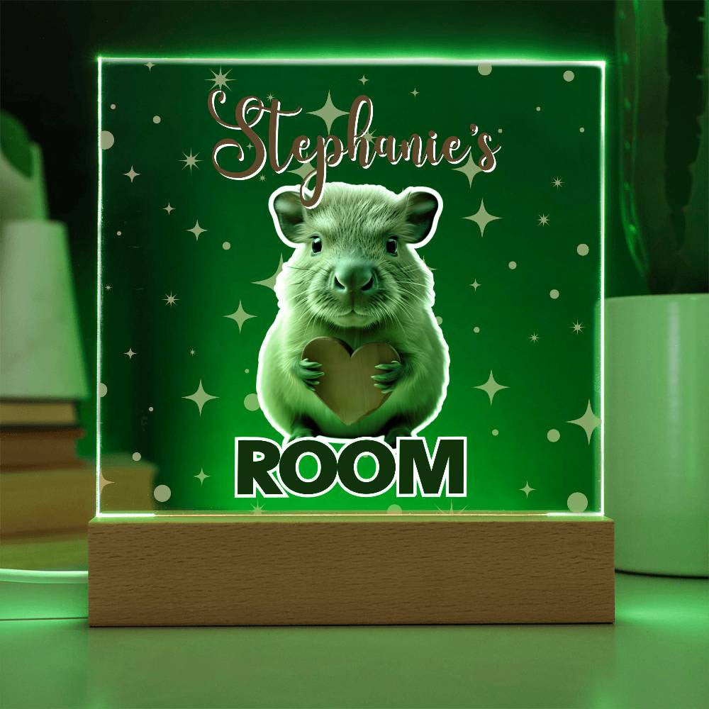Custom Name Acrylic Room Sign with Light-Up Base. Raccoon, Fox, Teddy bear, Capybara or Opossum. Dorm or kid's room!