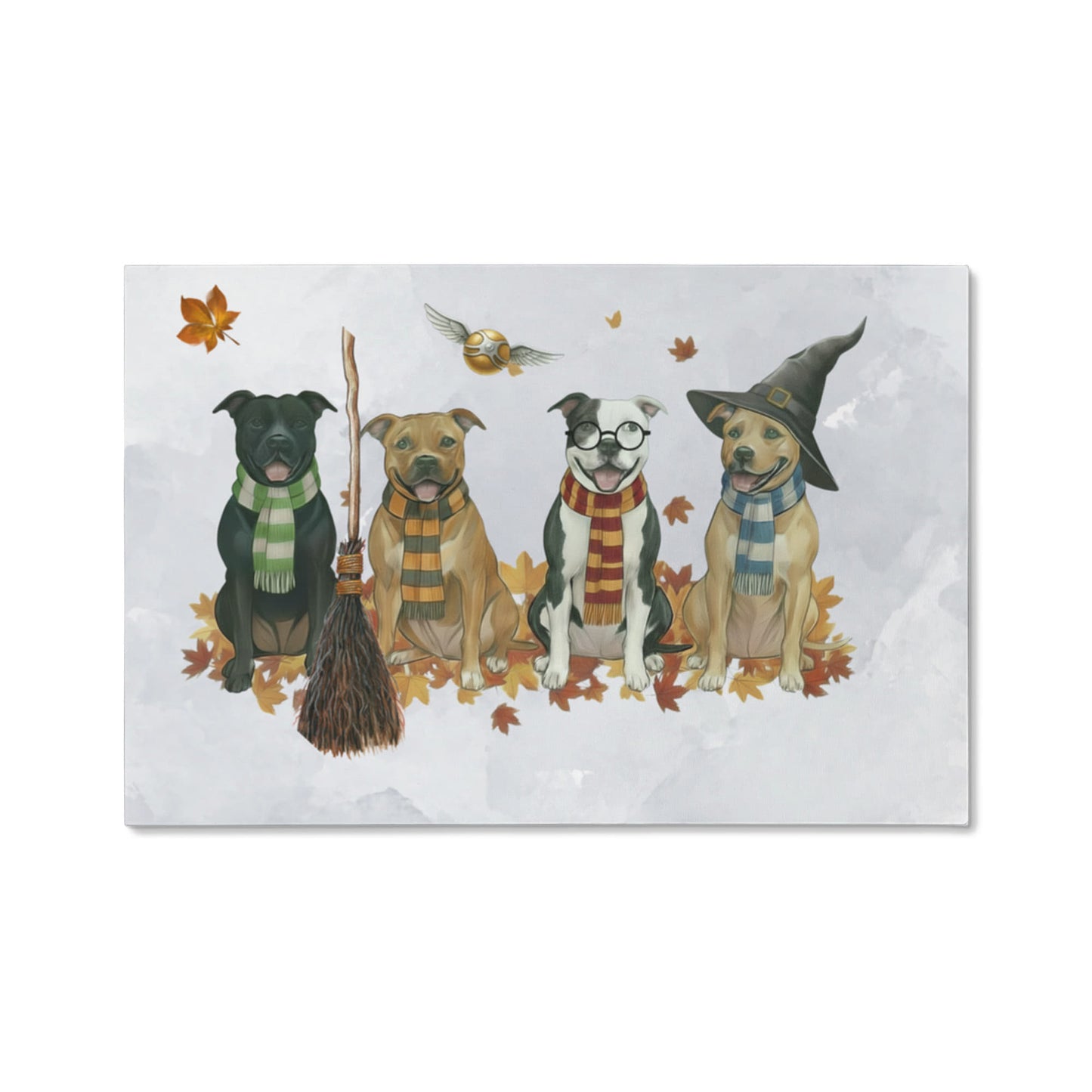Pit Bull Wizards of Hogwarts Wall Art. Gryffindor, Slytherin, Hufflepuff, Ravenclaw pitbulls. Dog lover gift for Potter fans. Staffy dogs