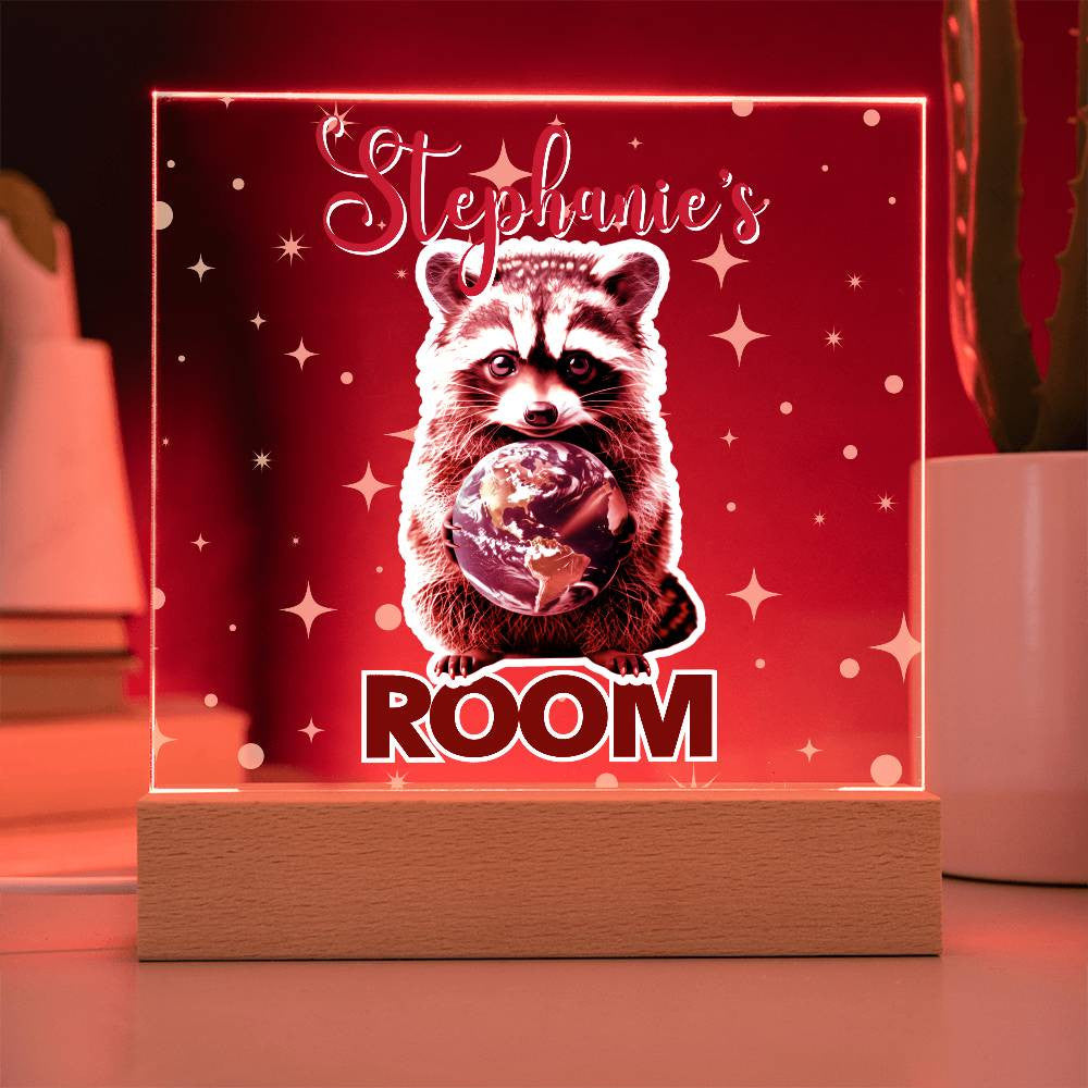 Custom Name Acrylic Room Sign with Light-Up Base. Raccoon, Fox, Teddy bear, Capybara or Opossum. Dorm or kid's room!