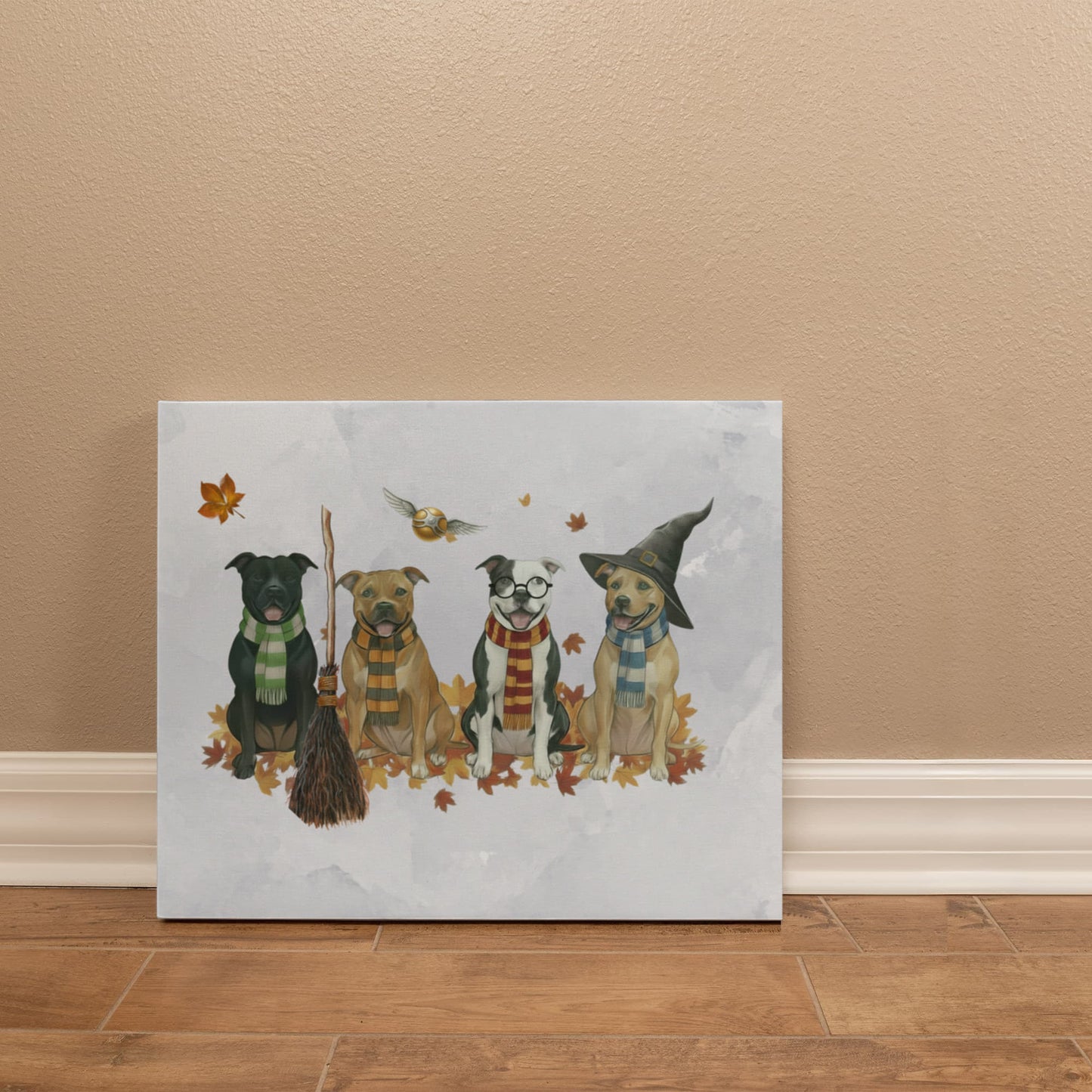 Pit Bull Wizards of Hogwarts Wall Art. Gryffindor, Slytherin, Hufflepuff, Ravenclaw pitbulls. Dog lover gift for Potter fans. Staffy dogs
