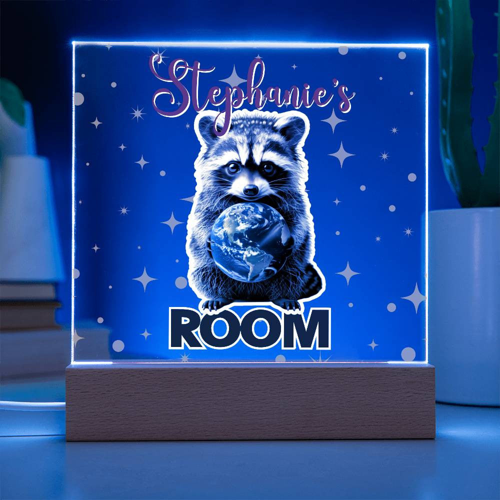 Custom Name Acrylic Room Sign with Light-Up Base. Raccoon, Fox, Teddy bear, Capybara or Opossum. Dorm or kid's room!