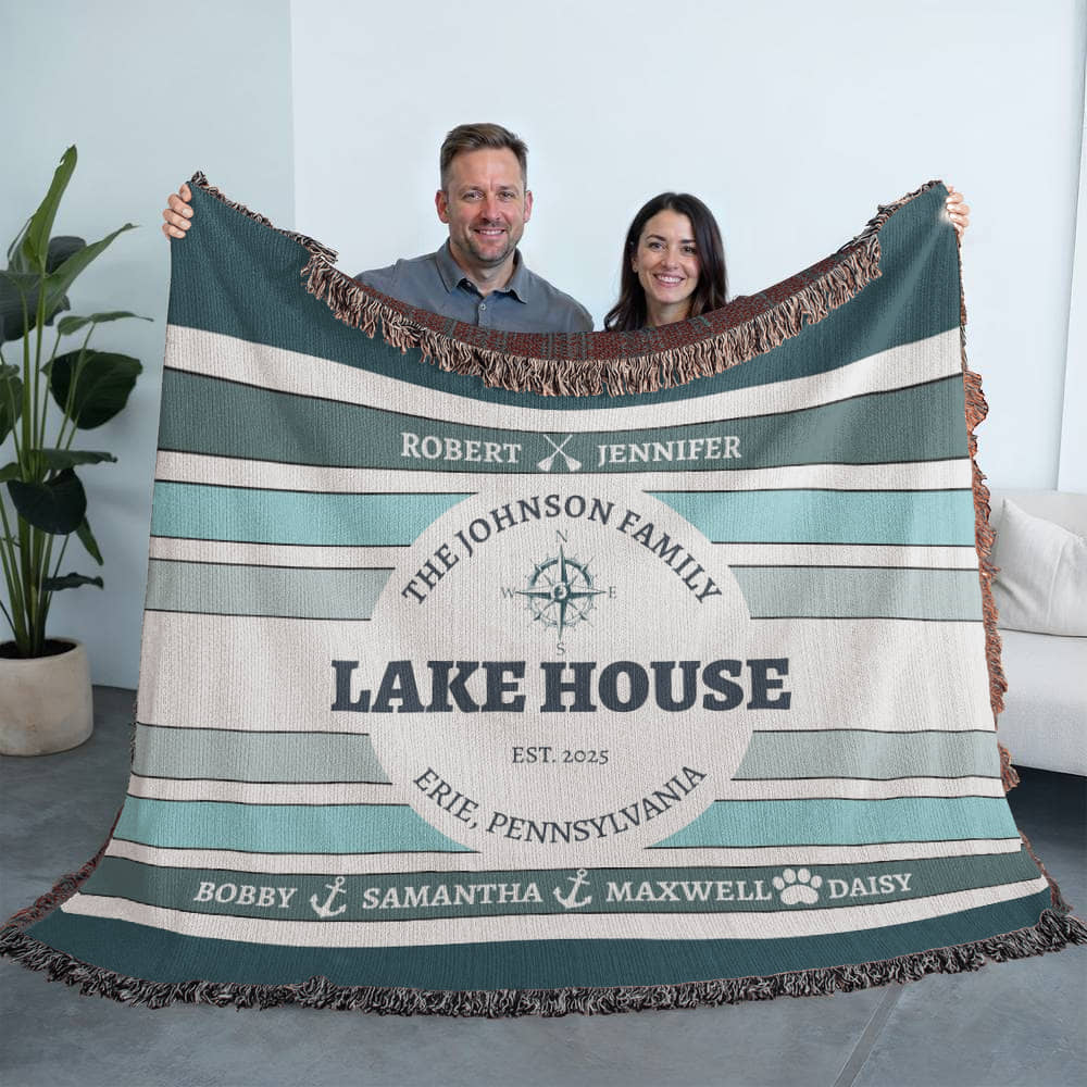 Personalized Lake House Blanket lake house decor • Family Name + up to 6 kids/grandkids Names • City or Lake Name & state • Cozy Cabin Throw