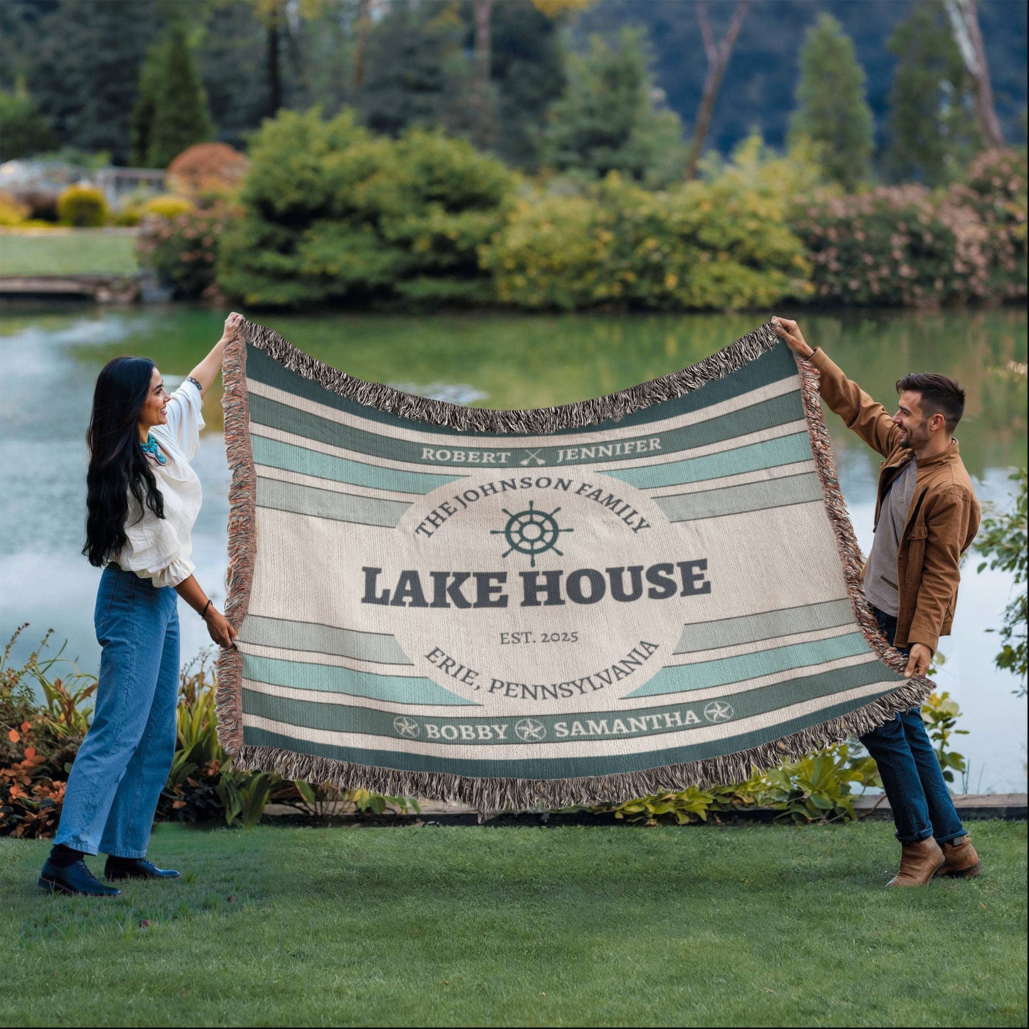 Personalized Lake House Blanket lake house decor • Family Name + up to 6 kids/grandkids Names • City or Lake Name & state • Cozy Cabin Throw