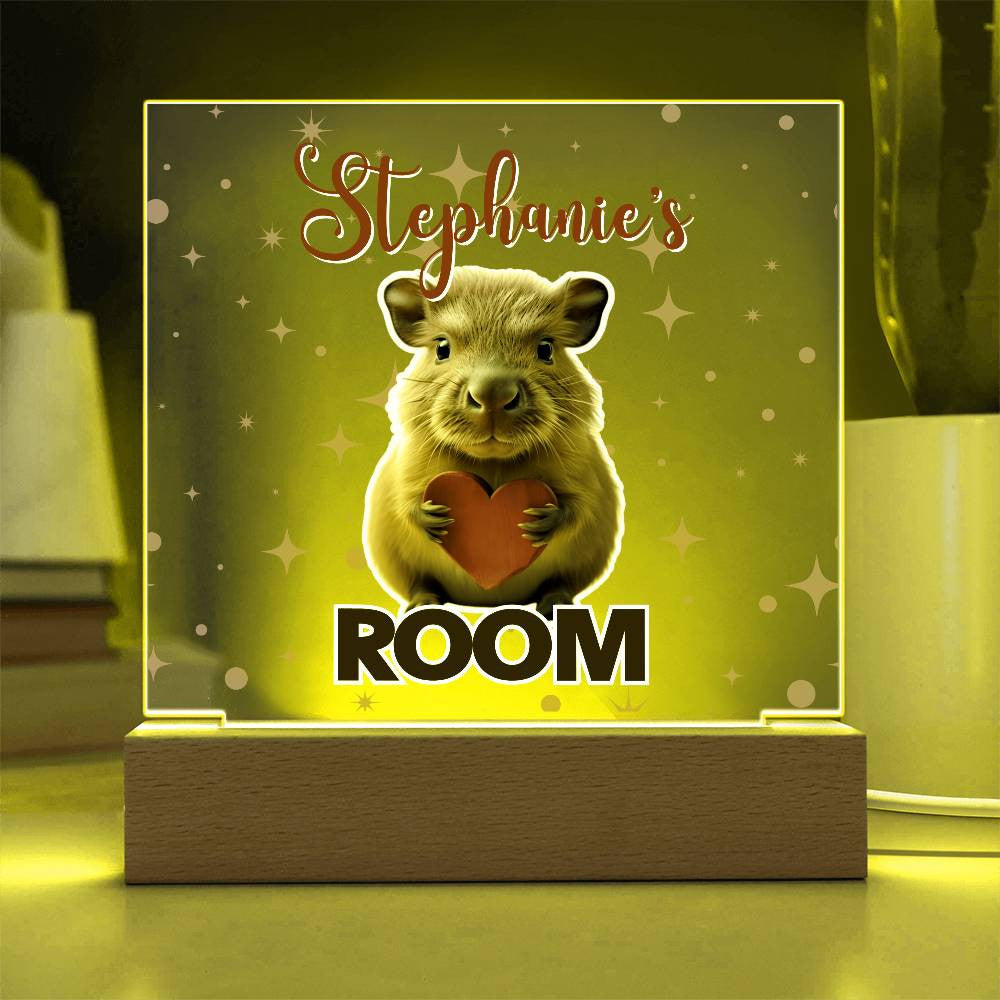 Custom Name Acrylic Room Sign with Light-Up Base. Raccoon, Fox, Teddy bear, Capybara or Opossum. Dorm or kid's room!