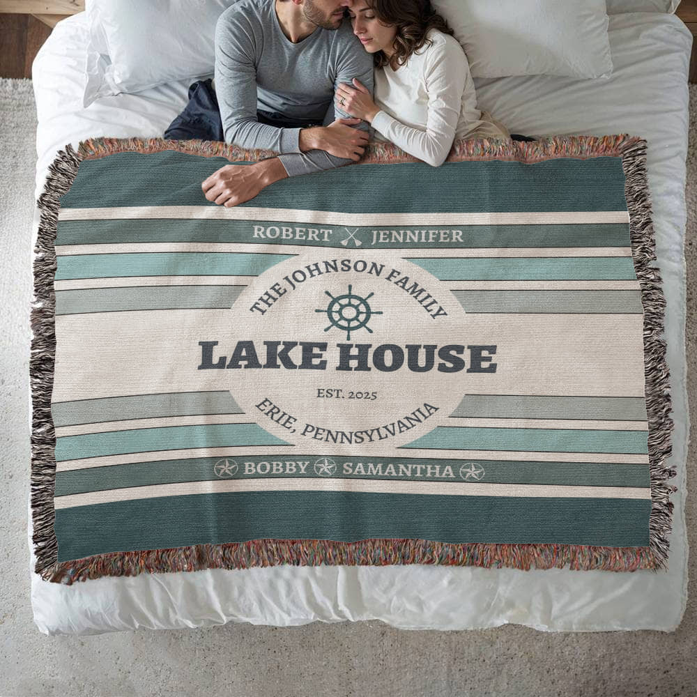 Personalized Lake House Blanket lake house decor • Family Name + up to 6 kids/grandkids Names • City or Lake Name & state • Cozy Cabin Throw