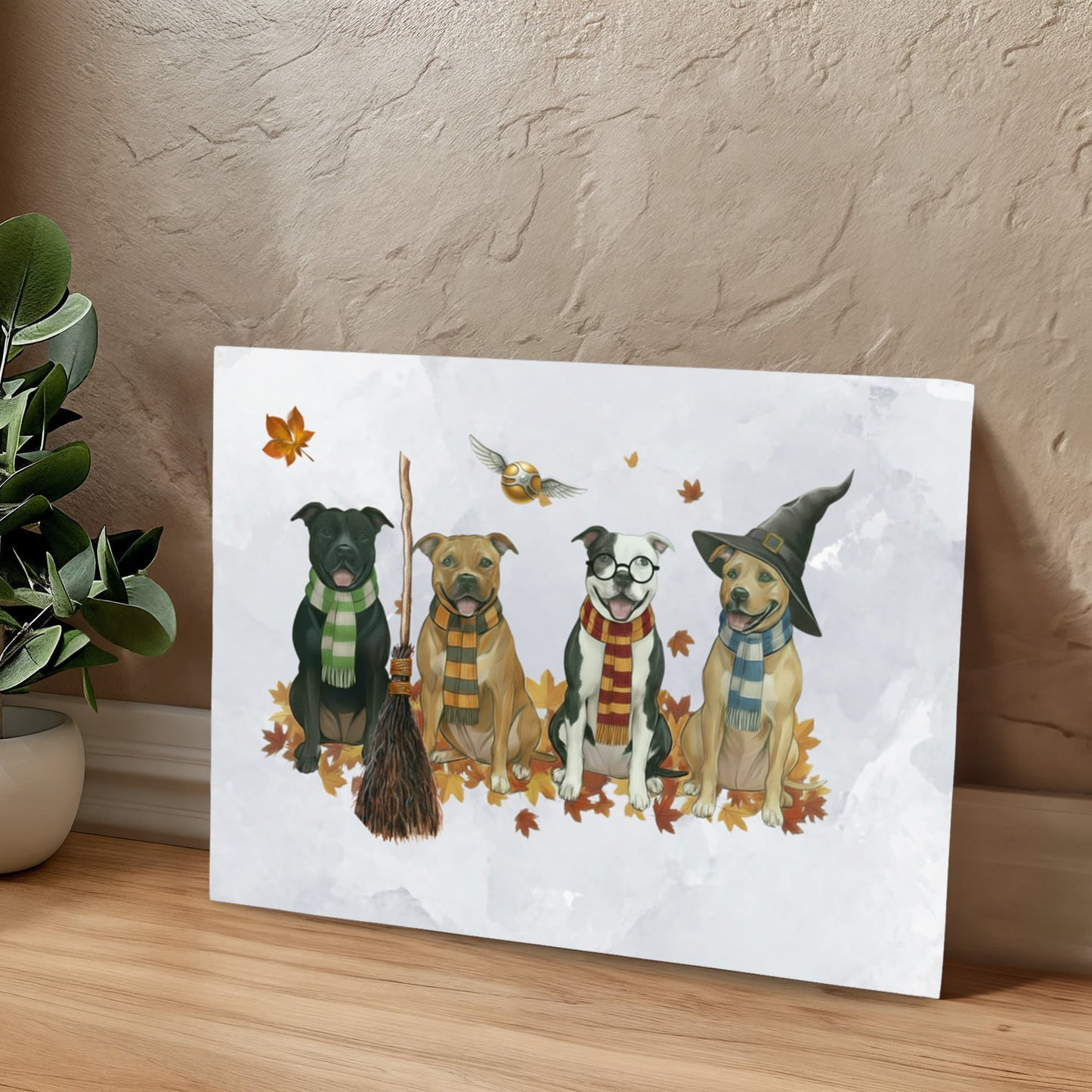 Pit Bull Wizards of Hogwarts Wall Art. Gryffindor, Slytherin, Hufflepuff, Ravenclaw pitbulls. Dog lover gift for Potter fans. Staffy dogs