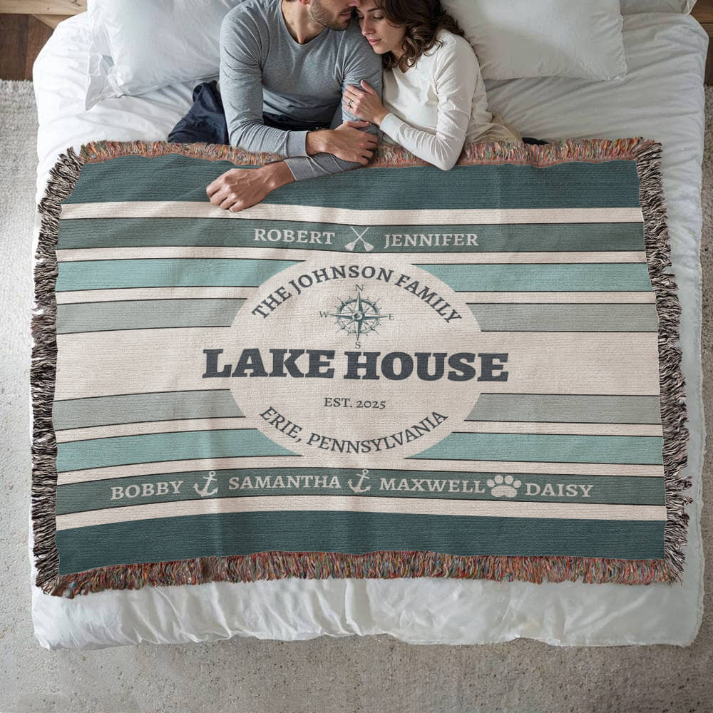 Personalized Lake House Blanket lake house decor • Family Name + up to 6 kids/grandkids Names • City or Lake Name & state • Cozy Cabin Throw
