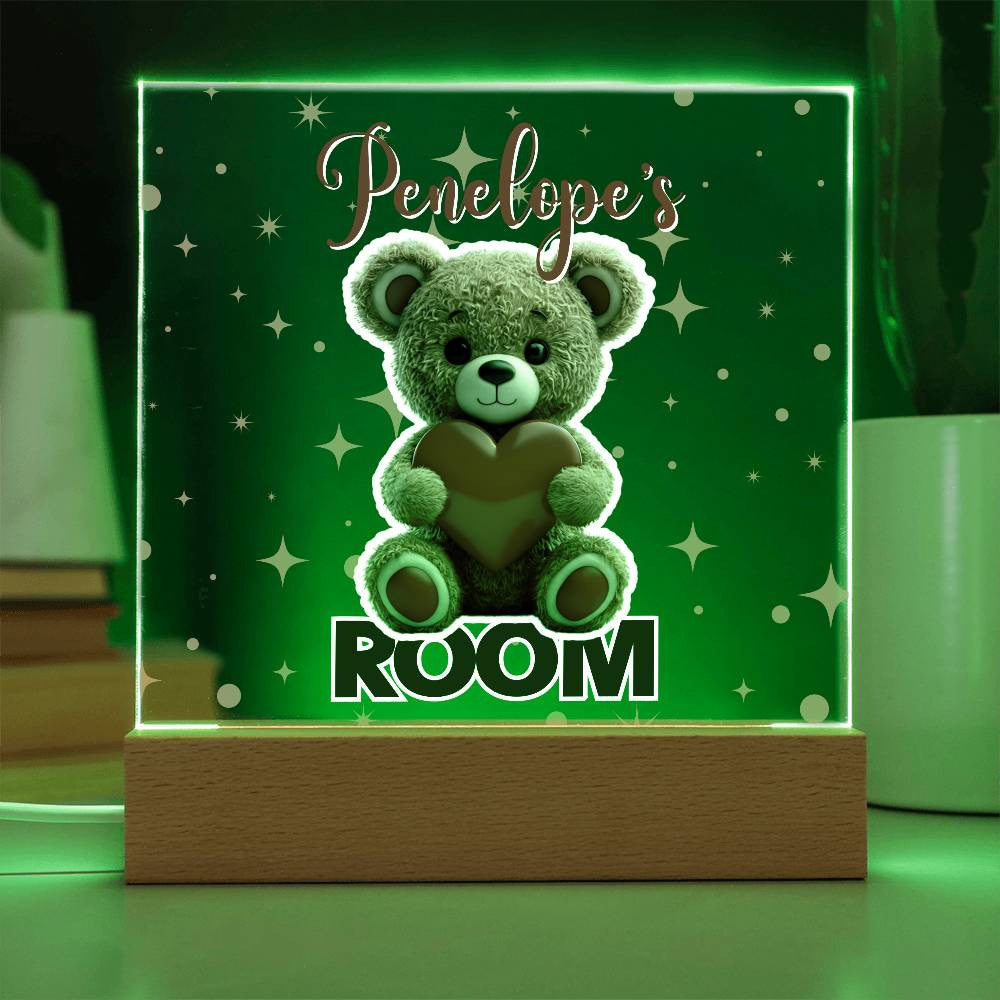 Custom Name Acrylic Room Sign with Light-Up Base. Raccoon, Fox, Teddy bear, Capybara or Opossum. Dorm or kid's room!