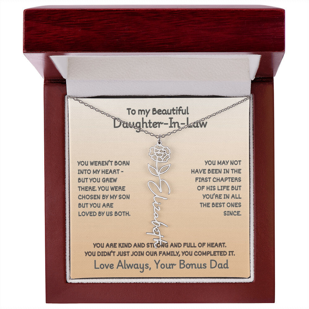 Daughter-In-Law Custom Birth Flower Name Necklace from Bonus Dad