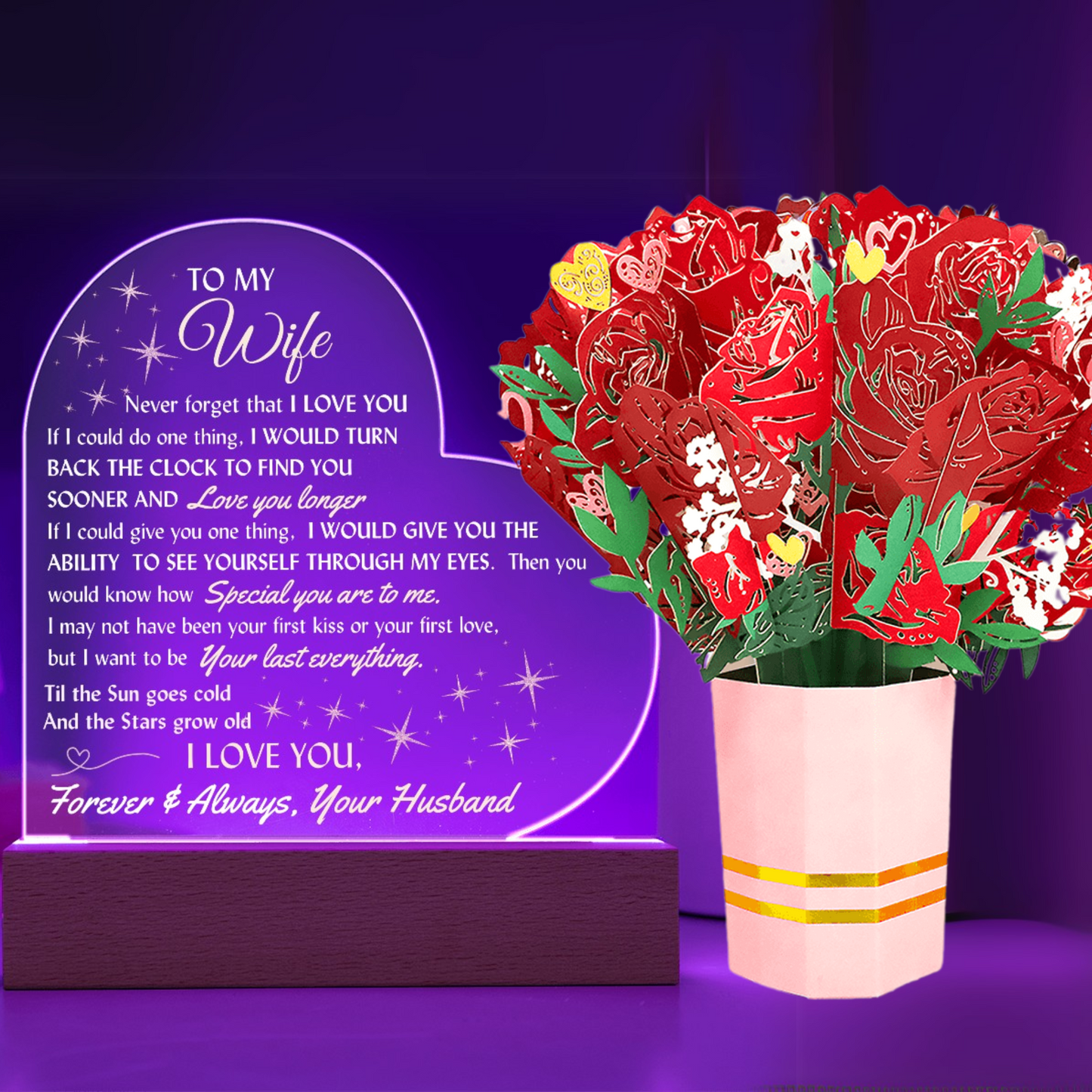LED lighted Heart Sign and Everlasting Sweet Devotion Flower Bouquet for your Beautiful Wife.