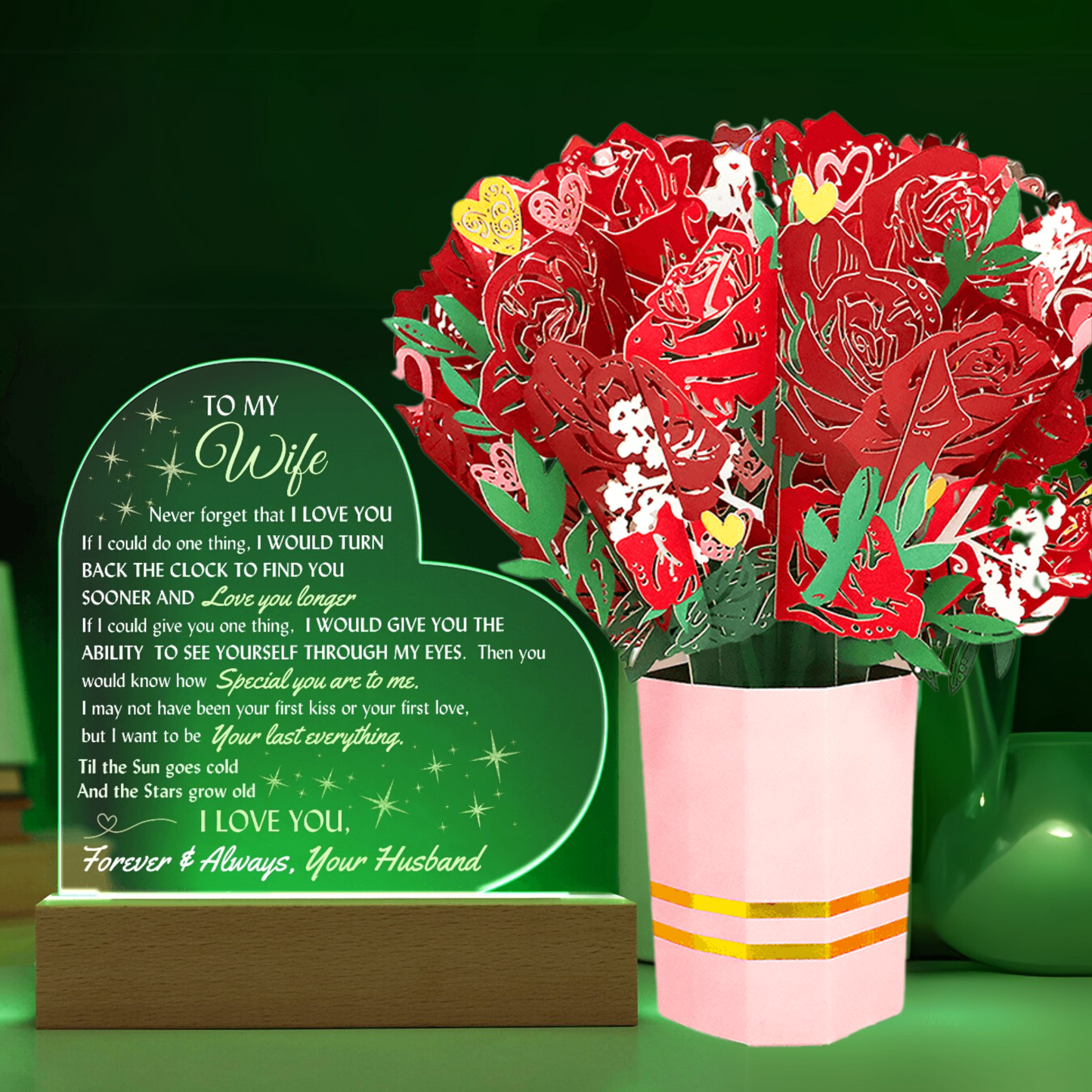 LED Lighted Heart Sign and Everlasting Sweet Devotion Flower Bouquet for your Beautiful Wife.