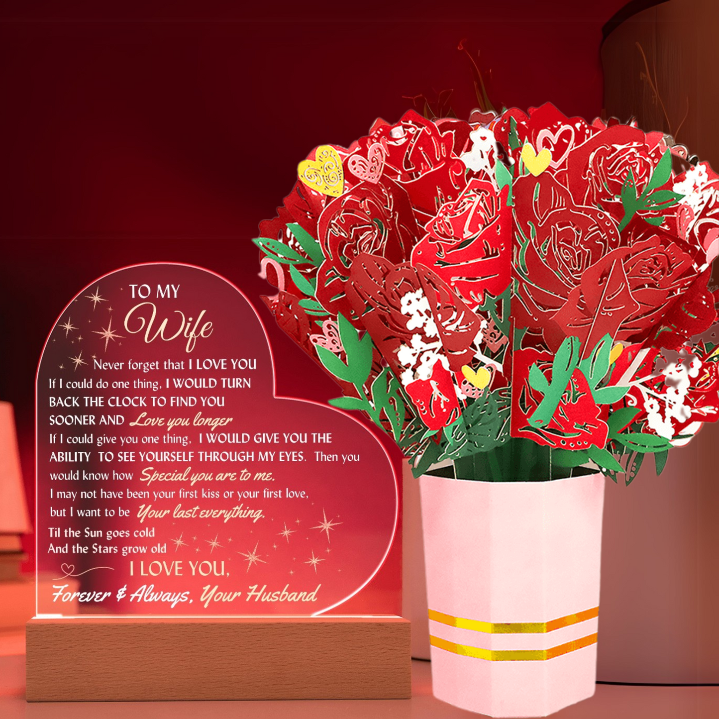 LED Lighted Heart Sign and Everlasting Sweet Devotion Flower Bouquet for your Beautiful Wife.