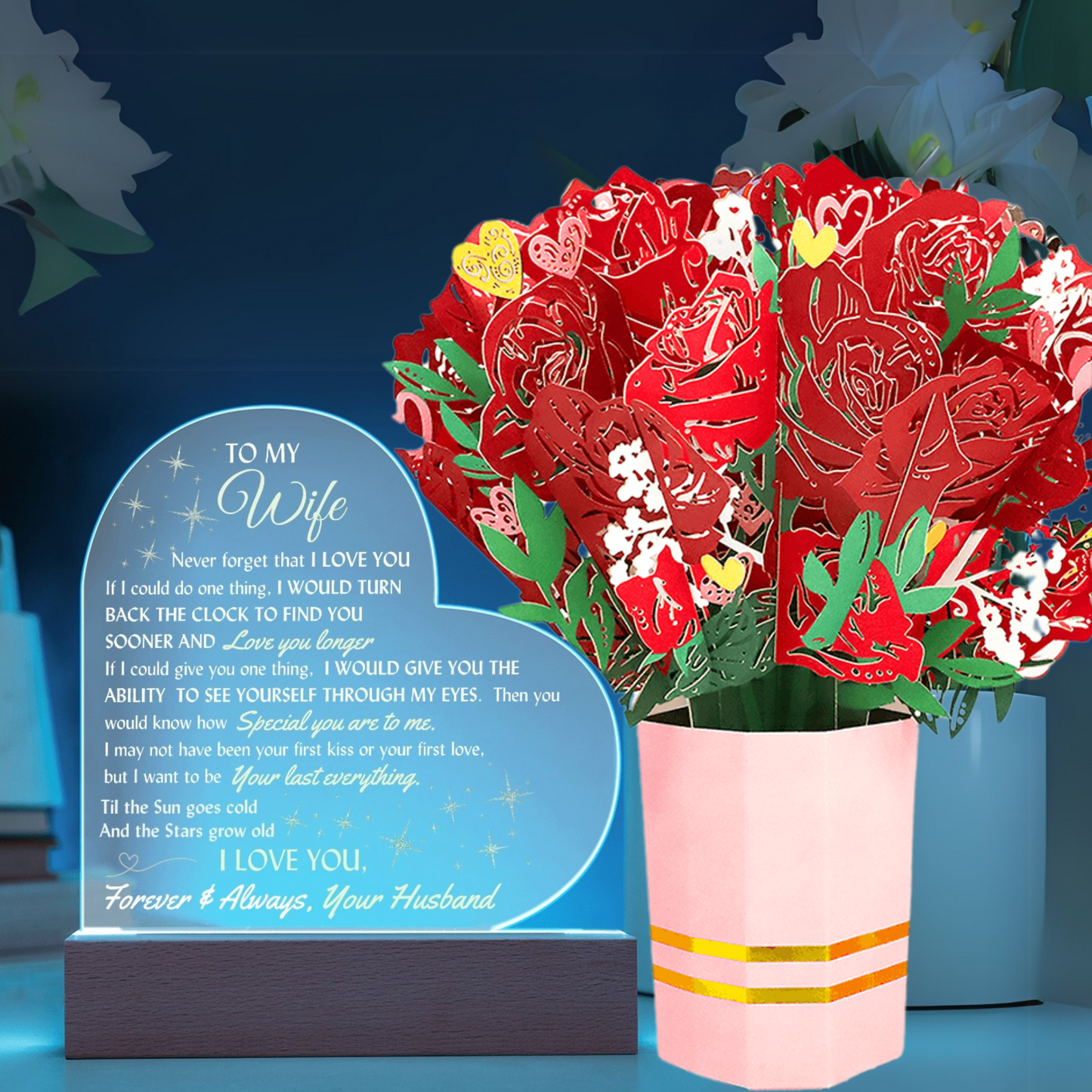 LED Lighted Heart Sign and Everlasting Sweet Devotion Flower Bouquet for your Beautiful Wife.