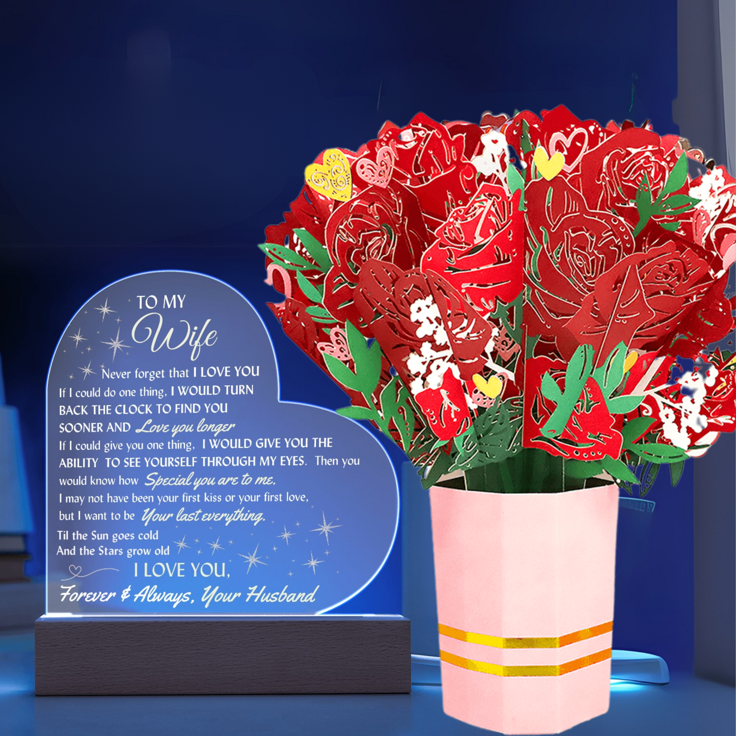 LED Lighted Heart Sign and Everlasting Sweet Devotion Flower Bouquet for your Beautiful Wife.