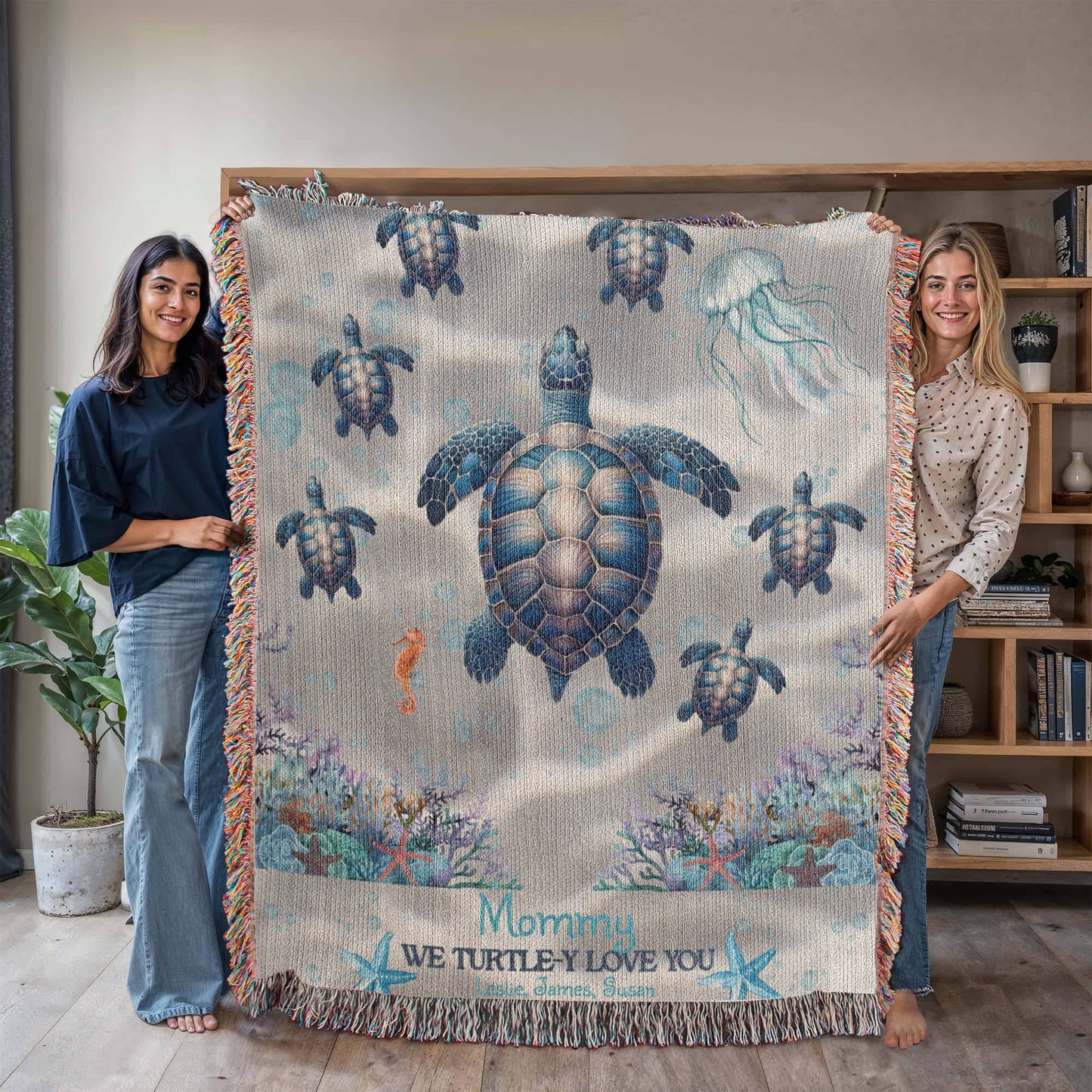 Personalized Sea Turtle Family Blanket – Up to 6 Names – We Turtle-y Love You – Cozy Ocean Blanket Gift for Her, Custom Mom or Grandma gift