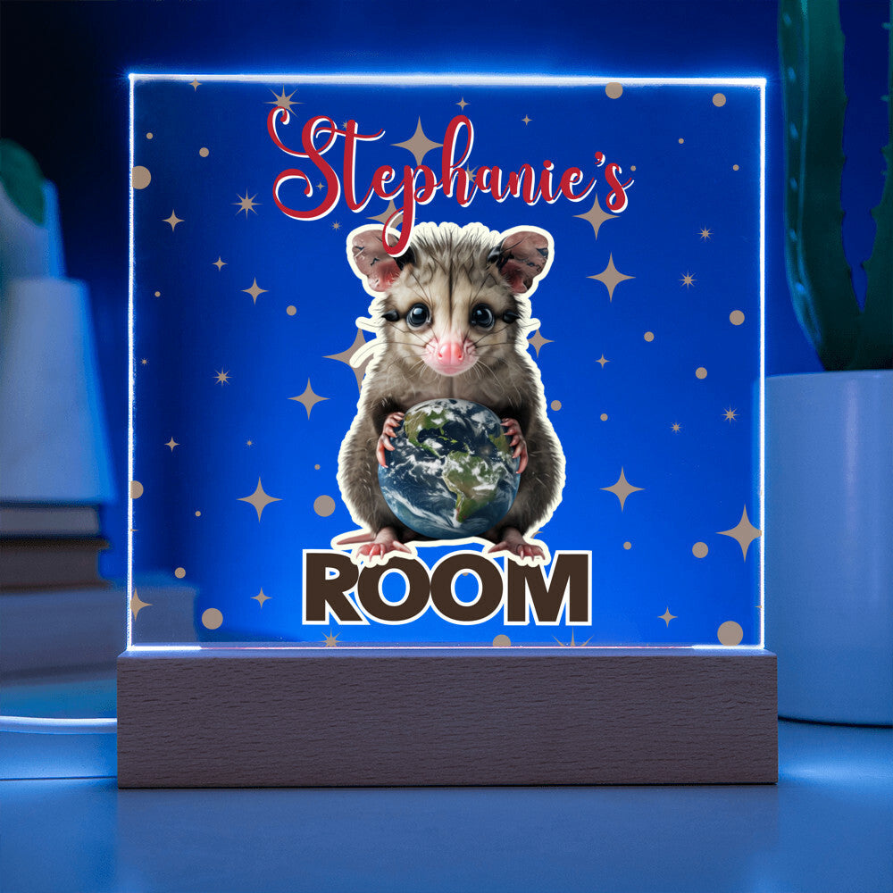 Custom Name Acrylic Room Sign with Light-Up Base. Raccoon, Fox, Teddy bear, Capybara or Opossum. Dorm or kid's room!